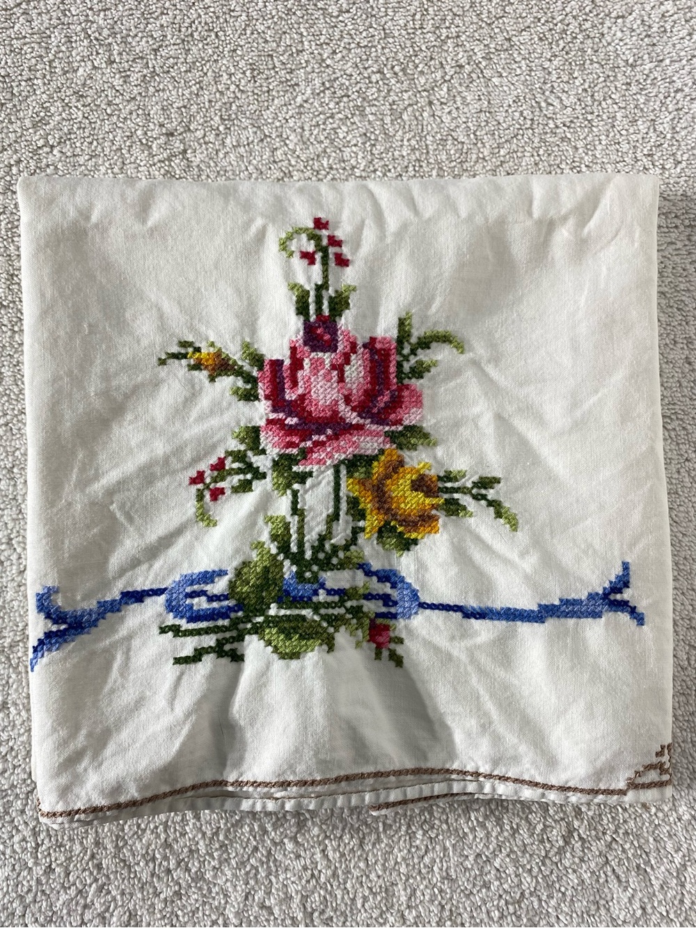 Vintage White Pillowcase Hand Cross Stitch Embroidered Floral Pink Rose